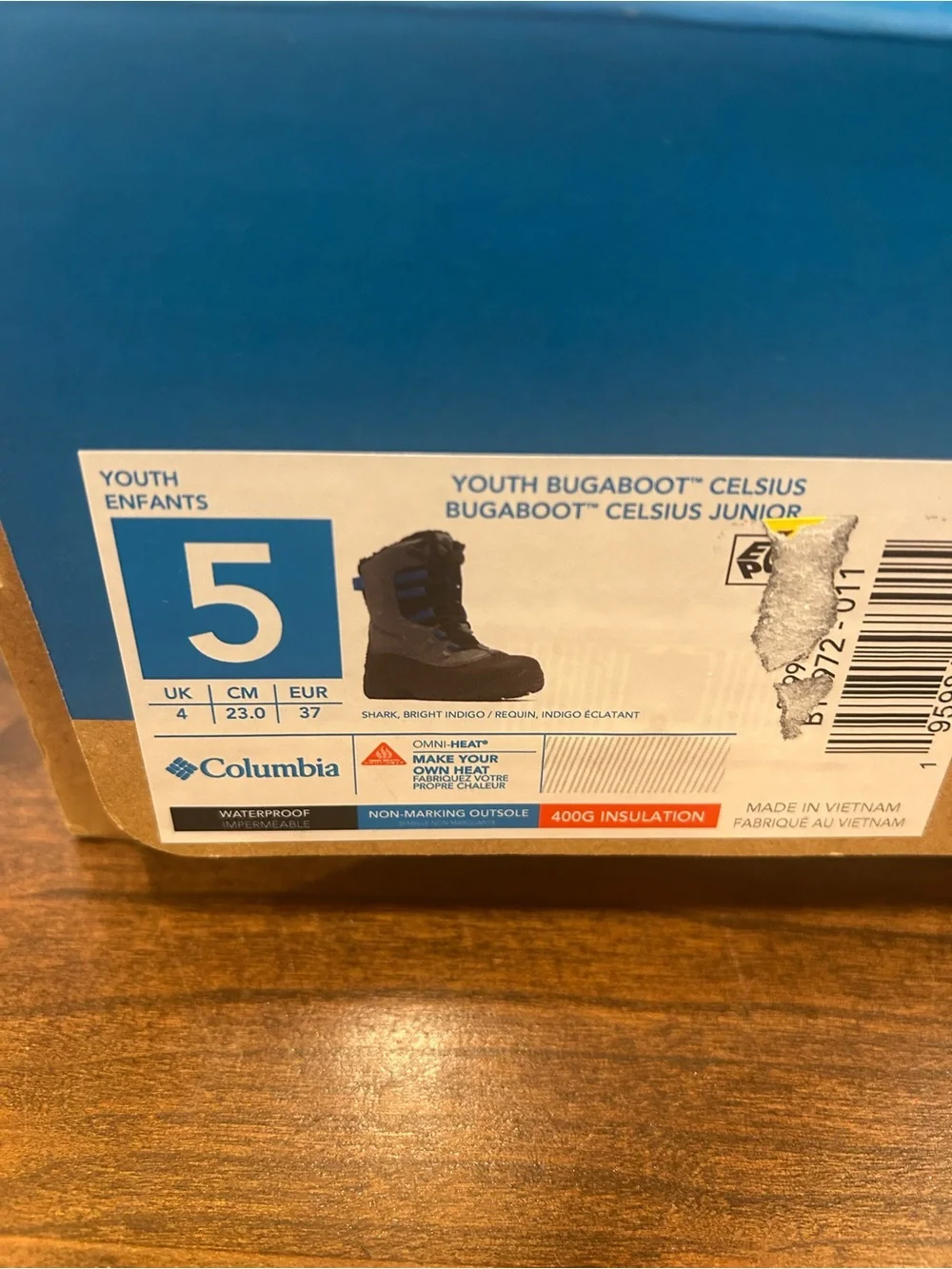 NWT Columbia Waterproof Unisex Kids Snow Boot US 5 Gray Black Blue BY1320-053